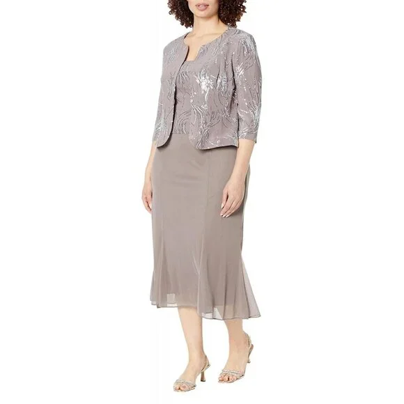 Alex Evenings Women's Tea Length Sequin Dress Pewter Brown / Frost 10 - Picture 7 of 14